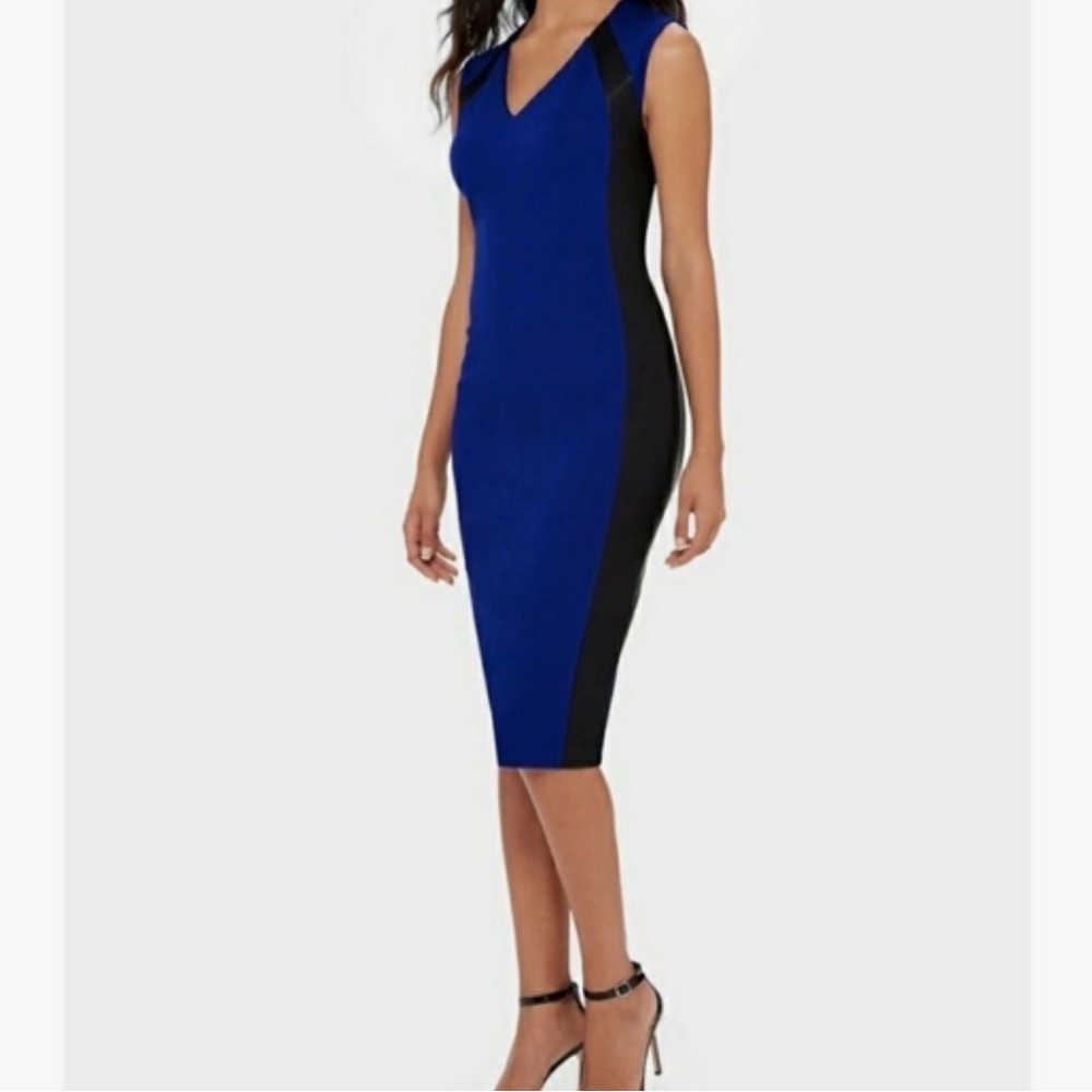NWT: Eva Longoria Blue and Black Leather Sleeveless Dress